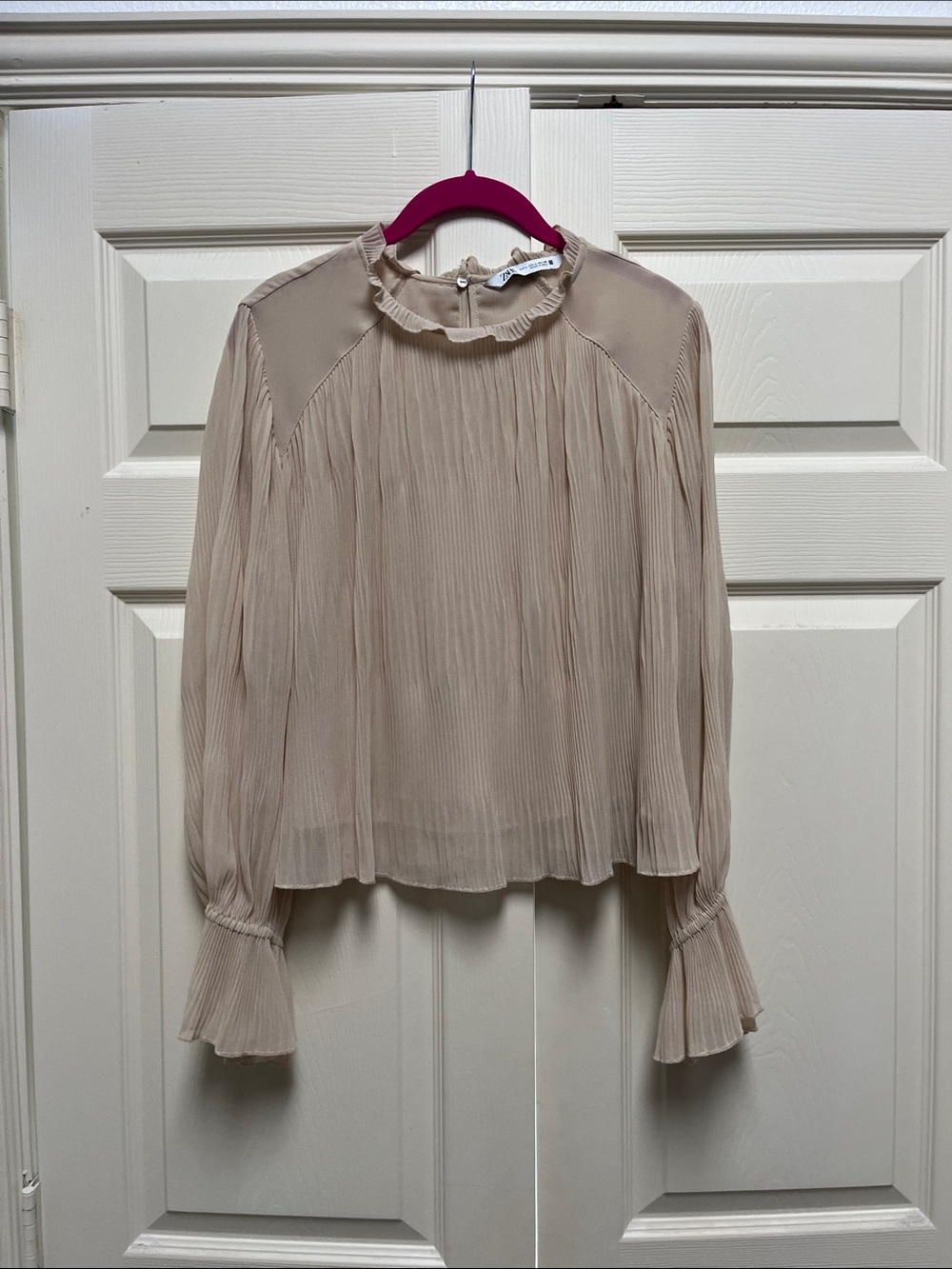 Light Dusty Pink Pleated Ruffle Neck Women's Blouse
